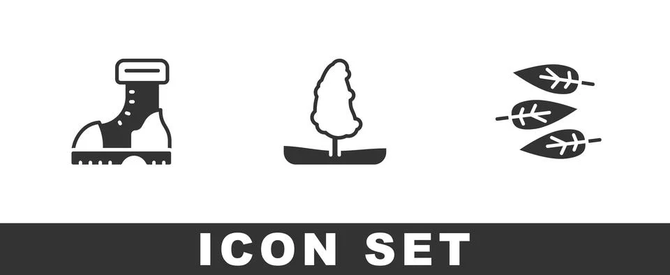 Set Waterproof rubber boot, Tree and Leaf or leaves icon. Vector Stock Illustration