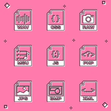 Set WAV file document, CSS, RAW, M3U, JS and PHP icon. Vector イラスト素材
