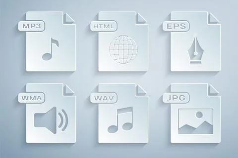 Set WAV file document, EPS, WMA, JPG, HTML and MP3 icon. Vector 库存插图