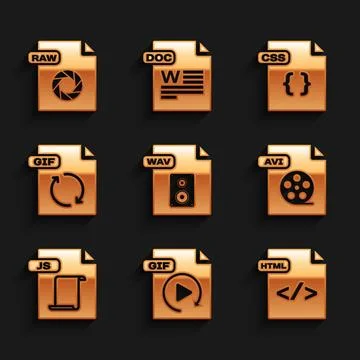 Set WAV file document, GIF, HTML, AVI, JS, CSS and RAW icon. Vector Stock Illustration