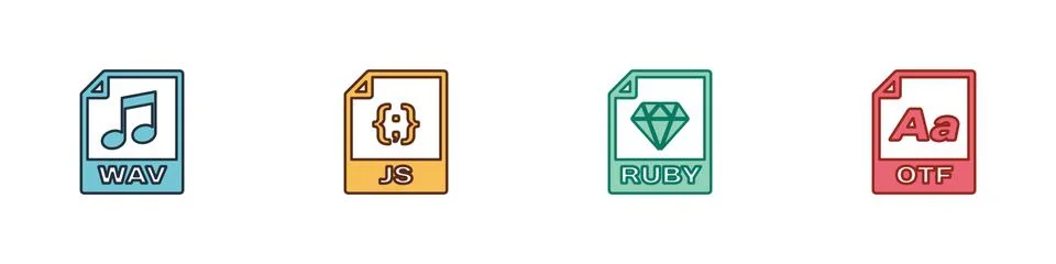 Set WAV file document, JS, RUBY and OTF icon. Vector Stock Illustration