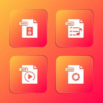 Set WAV file document, M3U, GIF and RAW icon. Vector Illustrazione stock
