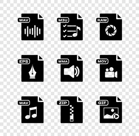 Set WAV file document, M3U, RAW, ZIP, GIF, EPS and WMA icon. Vector Stock Illustration