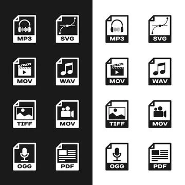 Set WAV file document, MOV, MP3, SVG, TIFF and icon. Vector Illustrazione stock