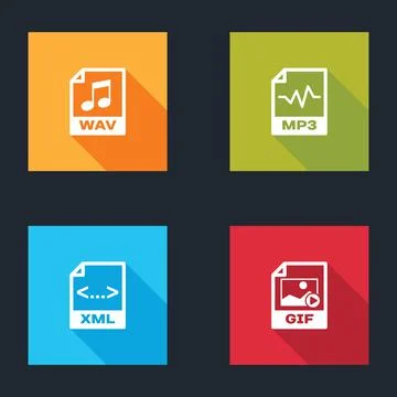 Set WAV file document, MP3, XML and GIF icon. Vector Stockillustratie