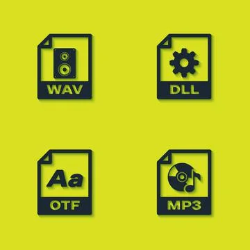 Set WAV file document, MP3, OTF and DLL icon. Vector Stockillustratie