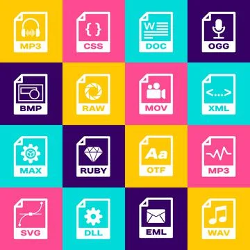Set WAV file document, MP3, XML, DOC, RAW and BMP icon. Vector Illustrazione stock