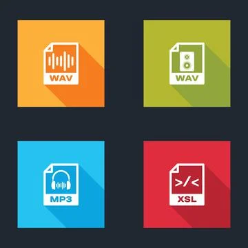 Set WAV file document, , MP3 and XSL icon. Vector Stock Illustration