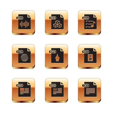 Set WAV file document, PDF, DOC, EPS, HTML, M3U, TXT and 3DS icon. Vector Stock Illustration