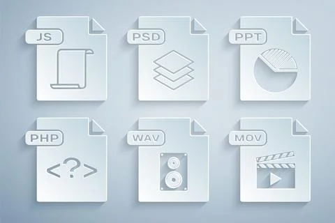 Set WAV file document, PPT, PHP, MOV, PSD and JS icon. Vector Stock Illustration