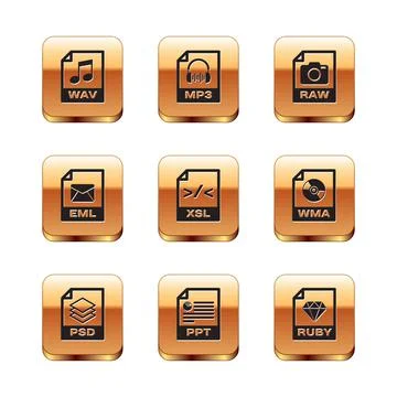 Set WAV file document, PSD, PPT, XSL, EML and RAW icon. Vector Stockillustratie