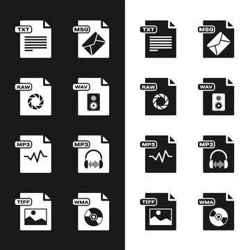 Set WAV file document, RAW, TXT, MSG, MP3, WMA and TIFF icon. Vector 库存插图