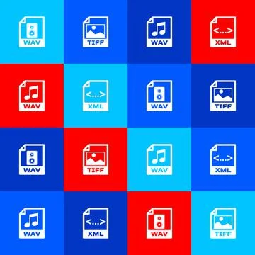 Set WAV file document, TIFF, and XML icon. Vector Illustrazione stock