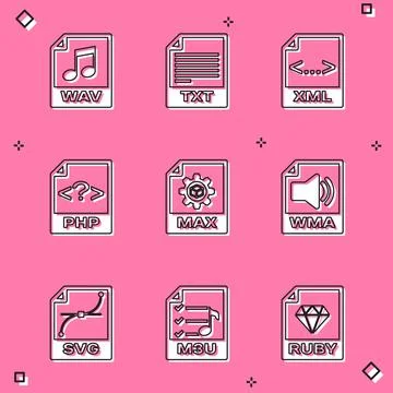 Set WAV file document, TXT, XML, PHP, MAX and WMA icon. Vector Stock Illustration