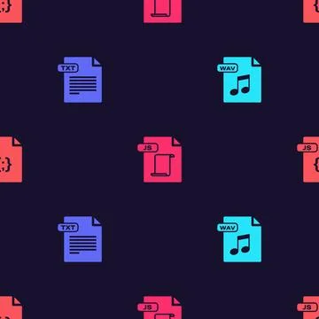 Set WAV file document, TXT, JS and on seamless pattern. Vector Stock Illustration