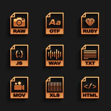 Set WAV file document, XLS, HTML, TXT, MOV and JS icon. Vector 스톡 일러스트