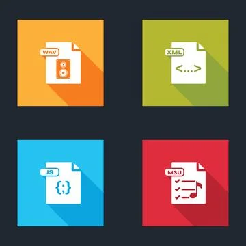Set WAV file document, XML, JS and M3U icon. Vector Stock Illustration