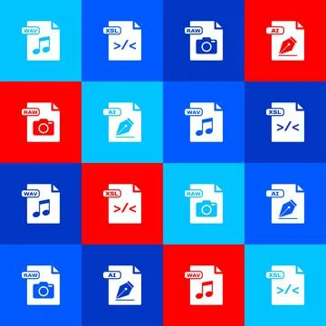 Set WAV file document, XSL, RAW and AI icon. Vector 스톡 일러스트