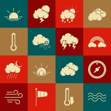 Set Waves, Wind rose, Rainbow with clouds, Cloud rain and sun, Windy weathe.. Stock Illustration