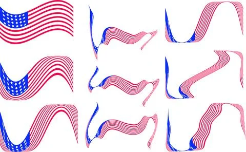 Set of  waving flag shapes red white blue  elements for USA patriotic holiday Stock Illustration