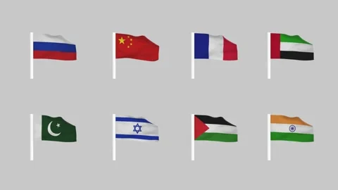 Set of waving flags hung on white poles. 4k Video. Stock Footage 168414599