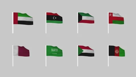 Set of waving flags hung on white poles. Eight country flags 4K Gray Background. Stock Footage 296826088