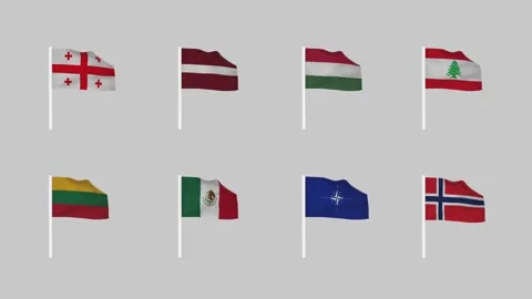 Set of waving flags hung on white poles. Eight country flags 4K Gray Background. Stock Footage 296826196