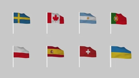 Set of waving flags hung on white poles. Eight country flags 4K Gray Background. Video stock 296826219