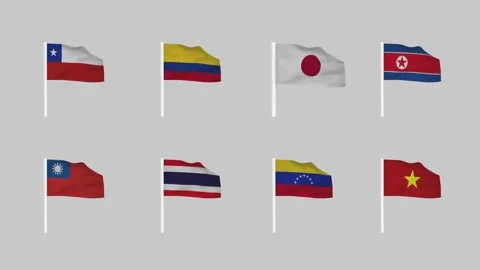 Set of waving flags hung on white poles. Eight country flags 4K Gray Background. Video stock 296826249