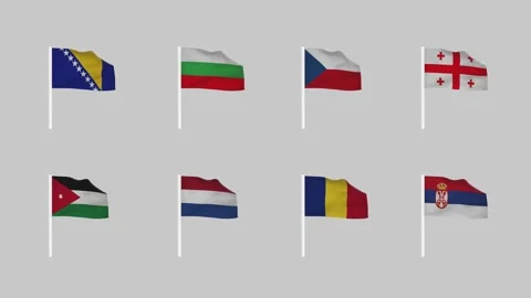 Set of waving flags hung on white poles. Eight country flags 4K Gray Background. Stock Footage 296826288