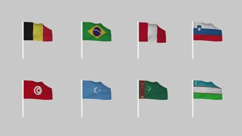 Set of waving flags hung on white poles. Eight country flags 4K Gray Background. Stock Footage 296826334