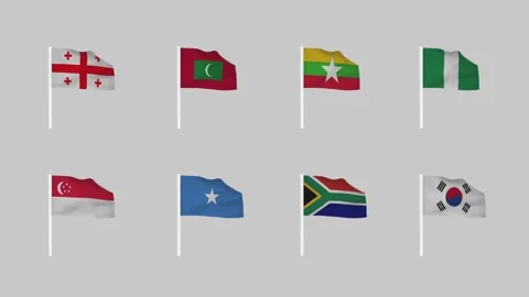 Set of waving flags hung on white poles. Eight country flags 4K Gray Background. 스톡 동영상 296826346