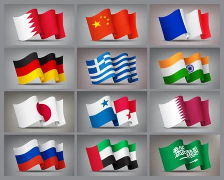 Set of waving flags icons isolated, official symbols of countrys, vector Illustrazione stock