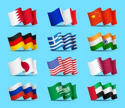 Set of waving flags icons isolated, official symbols of countrys, vector Stock Illustration