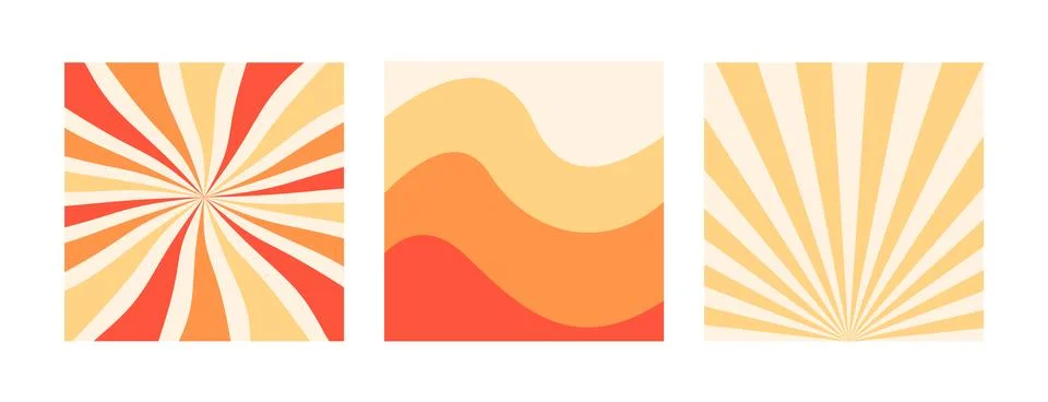 Set of wavy and sun rays backgrounds in warm retro autumn colors. Groovy hippie  Stock Illustration
