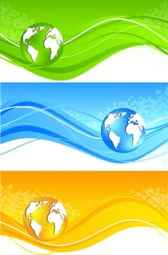 Set of wavy banner with globe Stock Illustration