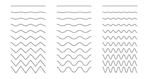 Set of wavy, curvy, zigzag lines. Simple undulate borders, transverse line. Stock Illustration