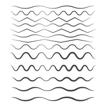Set of wavy horizontal thin and thick lines. Waves outline icon. Wave thin li Stock Illustration