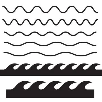 Set of wavy horizontal thin and thick lines. Waves outline icon. Wave thin li Stock Illustration