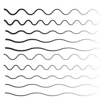 Set of wavy, zigzag, horizontal lines. Waves outline icon. Wave thin line sym Stock Illustration