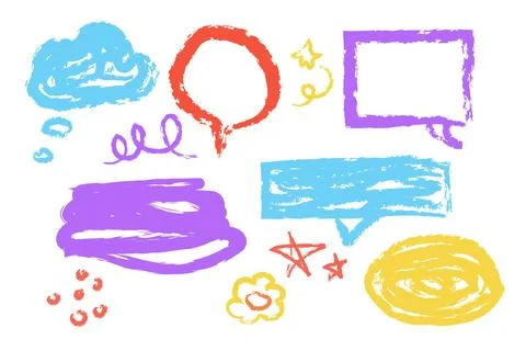 Set wax crayon, chalk doodle elements speech bubbles, lines, stars, marks hand イラスト素材