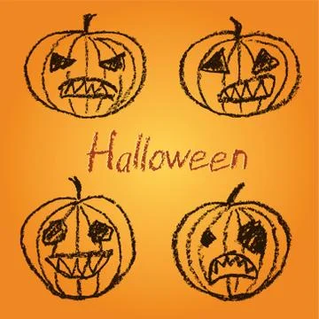 Set of wax crayon hand drawn funny spooky Halloween pumpkin with letters Stock Illustration