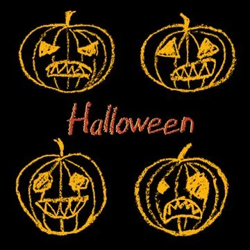 Set of wax crayon hand drawn funny spooky halloween pumpkin Stock Illustration
