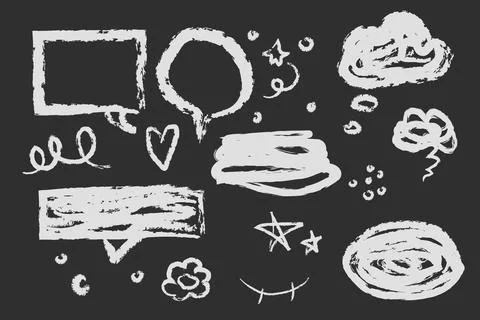 Set wax crayon, white chalk doodle elements speech bubbles, lines, stars, marks イラスト素材