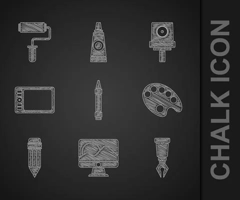 Set Wax crayons for drawing, Computer monitor screen, Fountain pen nib, Palette Stock Illustration