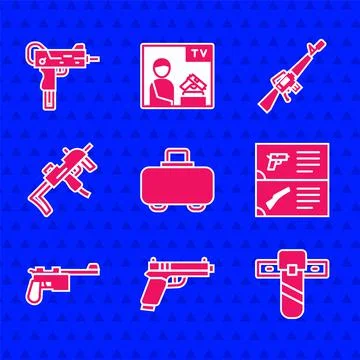 Set Weapon case, Pistol or gun, Knife holster, catalog, Mauser, MP9I submachine Stock-Illustration