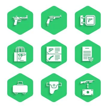 Set Weapon catalog, Gun in holster, Buying assault rifle, Firearms license ce イラスト素材