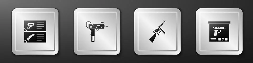 Set Weapon catalog, UZI submachine gun, Tommy and Military ammunition box icon Stock-Illustration