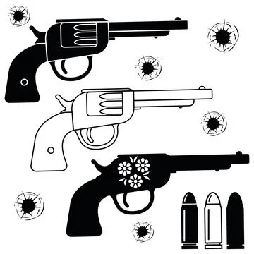 Set of weapons bullets and bullet holes, black stencil vector illustration Stock Illustration