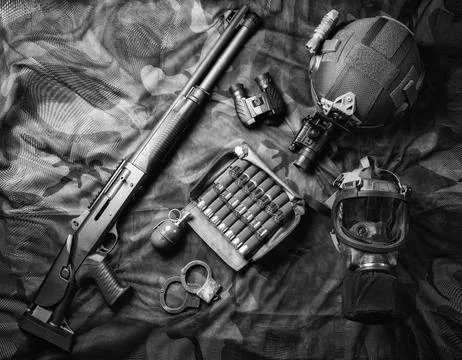 Set of weapons of a fighter of a special unit. Shotgun, ammo, grenade, hand.. Stock Photos